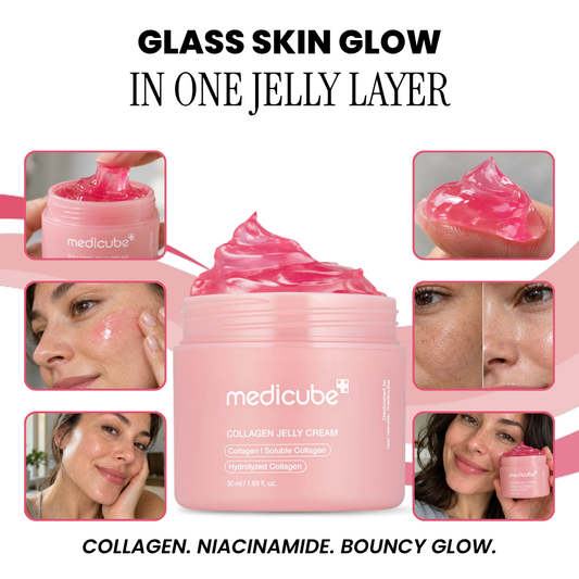 Medicube Collagen Niacinamide Jelly Cream jar with close-up photos of the jelly texture and skin