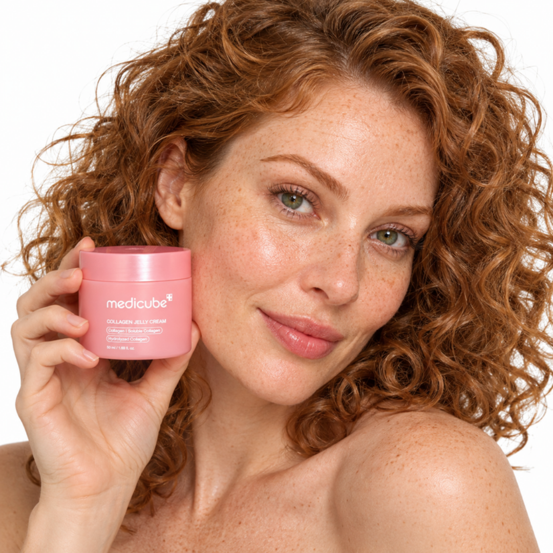 Woman with curly red hair holding Medicube Collagen Niacinamide Jelly Cream jar by her cheek