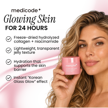 Woman holding Medicube Collagen Niacinamide Jelly Cream next to her face beside a list of features