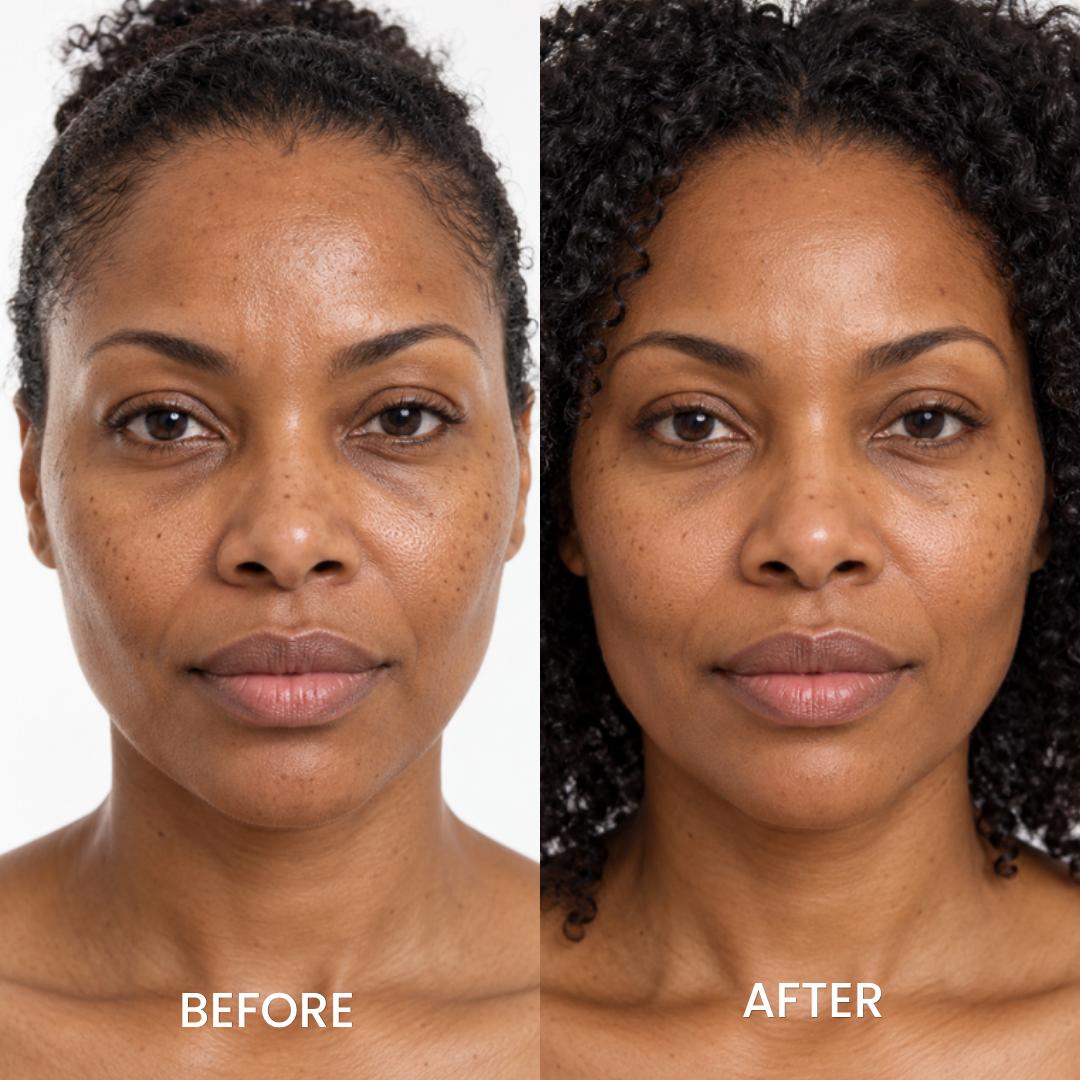 Before and after close-up portraits of a woman's face using Medicube Collagen Niacinamide Jelly Cream