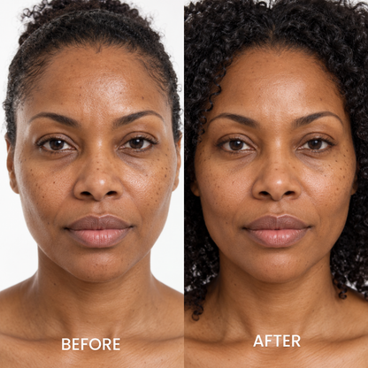 Before and after close-up portraits of a woman's face using Medicube Collagen Niacinamide Jelly Cream