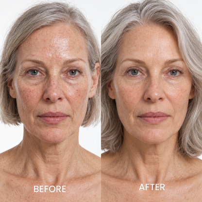 Before and after close-up portraits of a woman with gray hair using Medicube Collagen Niacinamide Jelly Cream
