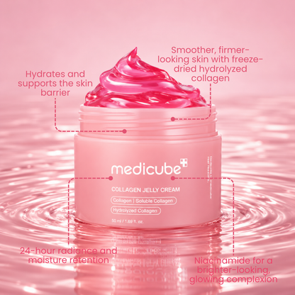 Medicube Collagen Niacinamide Jelly Cream jar with pink jelly on a pink water surface and callouts