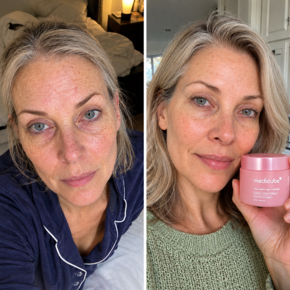 Medicube Collagen Niacinamide Jelly Cream, bare skin and dewy finish after one use