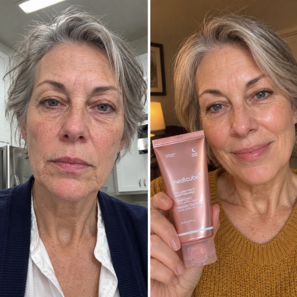 Medicube collagen night wrapping mask, look of skin at bedtime and next morning