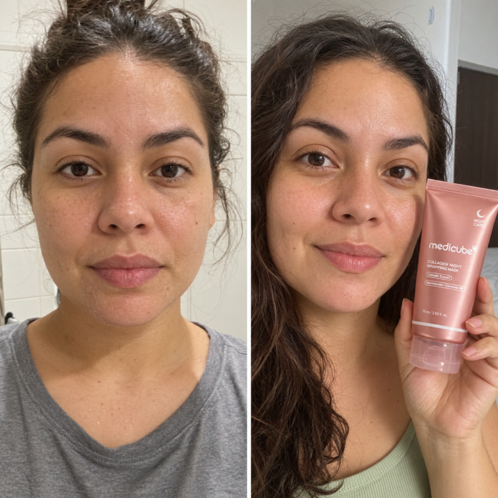 Medicube collagen night wrapping mask, look of skin at bedtime and next morning