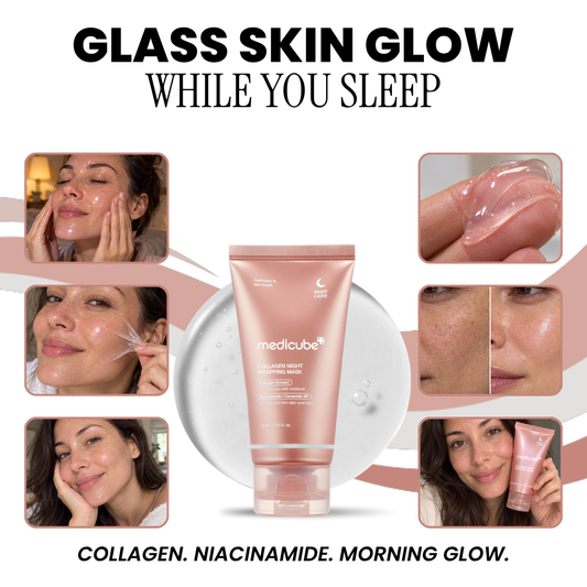 Medicube Collagen Night Wrapping Mask tube with photos of the overnight gel mask and glowing skin