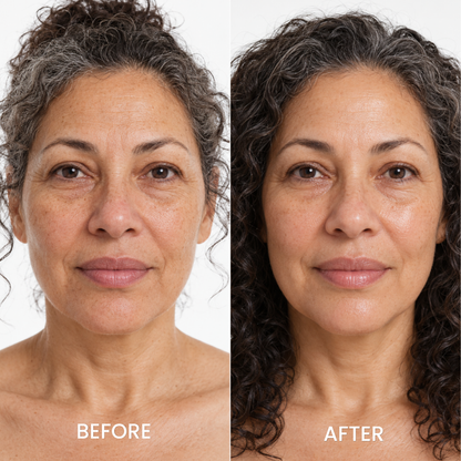 Before and after portraits of a woman with curly hair, Medicube Collagen Night Wrapping Mask