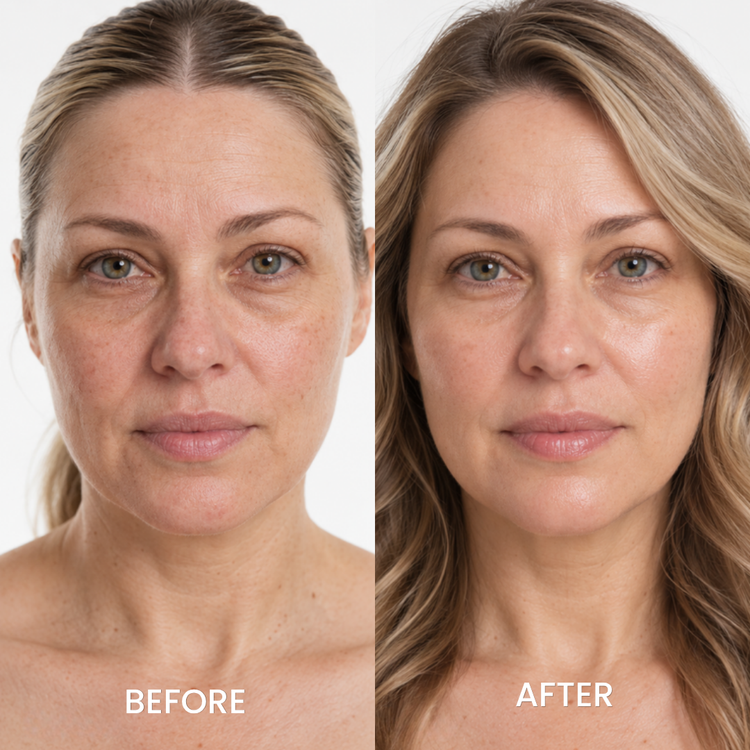Before and after portraits of a woman with blonde hair, Medicube Collagen Night Wrapping Mask