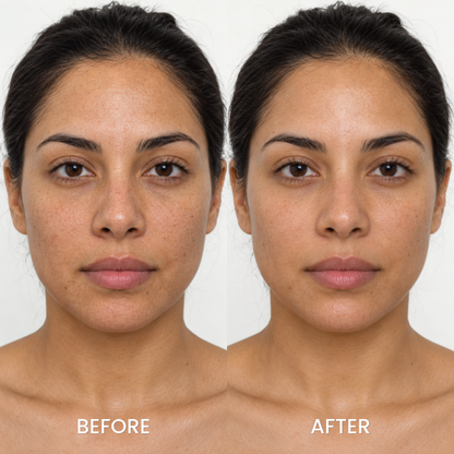Before and after studio portraits of a woman using the Medicube Kojic Acid Turmeric set
