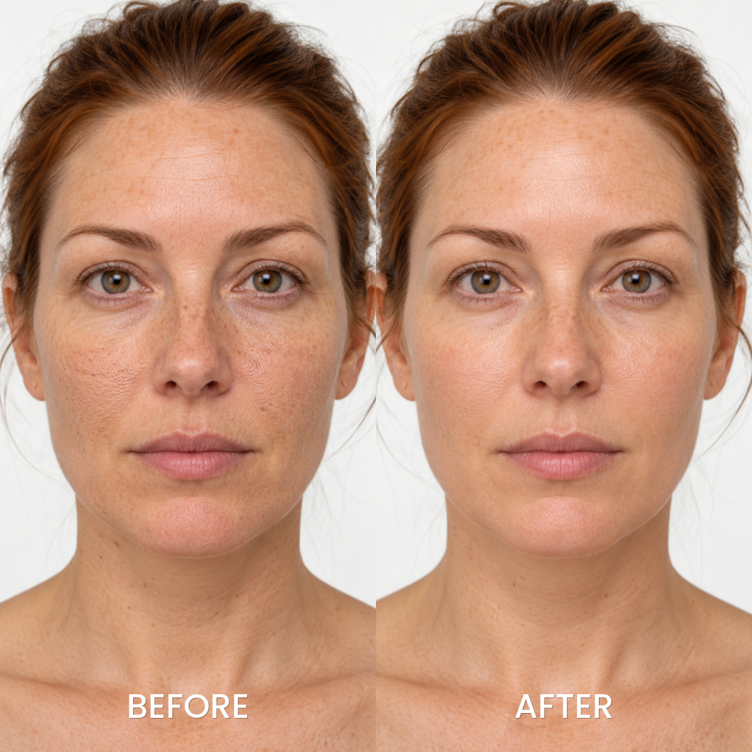 Before and after studio portraits of a woman using the Medicube Kojic Acid Turmeric set