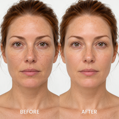 Before and after studio portraits of a woman using the Medicube Kojic Acid Turmeric set