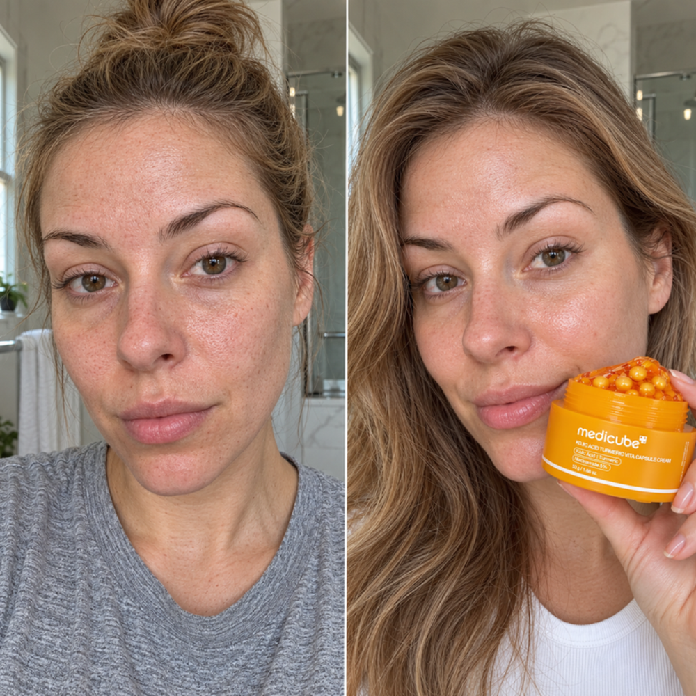 Medicube kojic acid turmeric toner pad texture, before and after three steps
