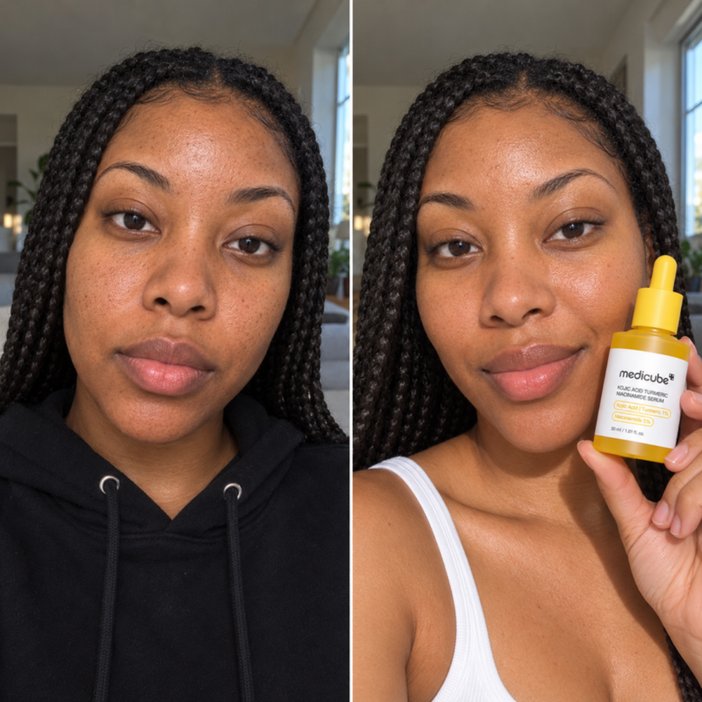 Medicube vita capsule cream texture, skin before and after three steps