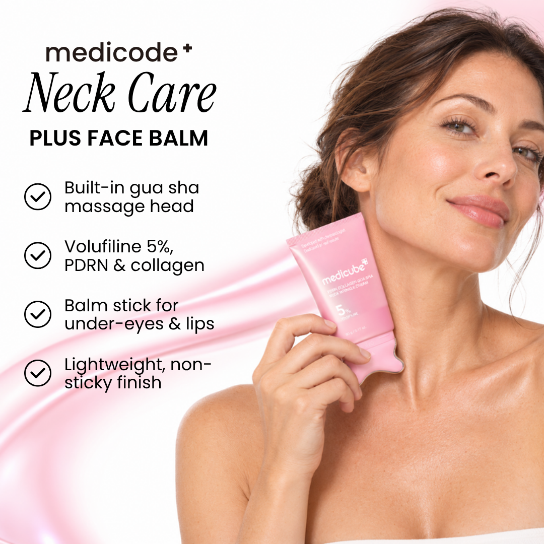 Woman gliding the Medicube gua sha neck cream along her jawline