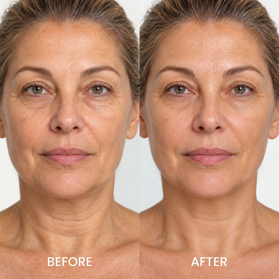 Neck and jawline before and after using the Medicube gua sha neck cream