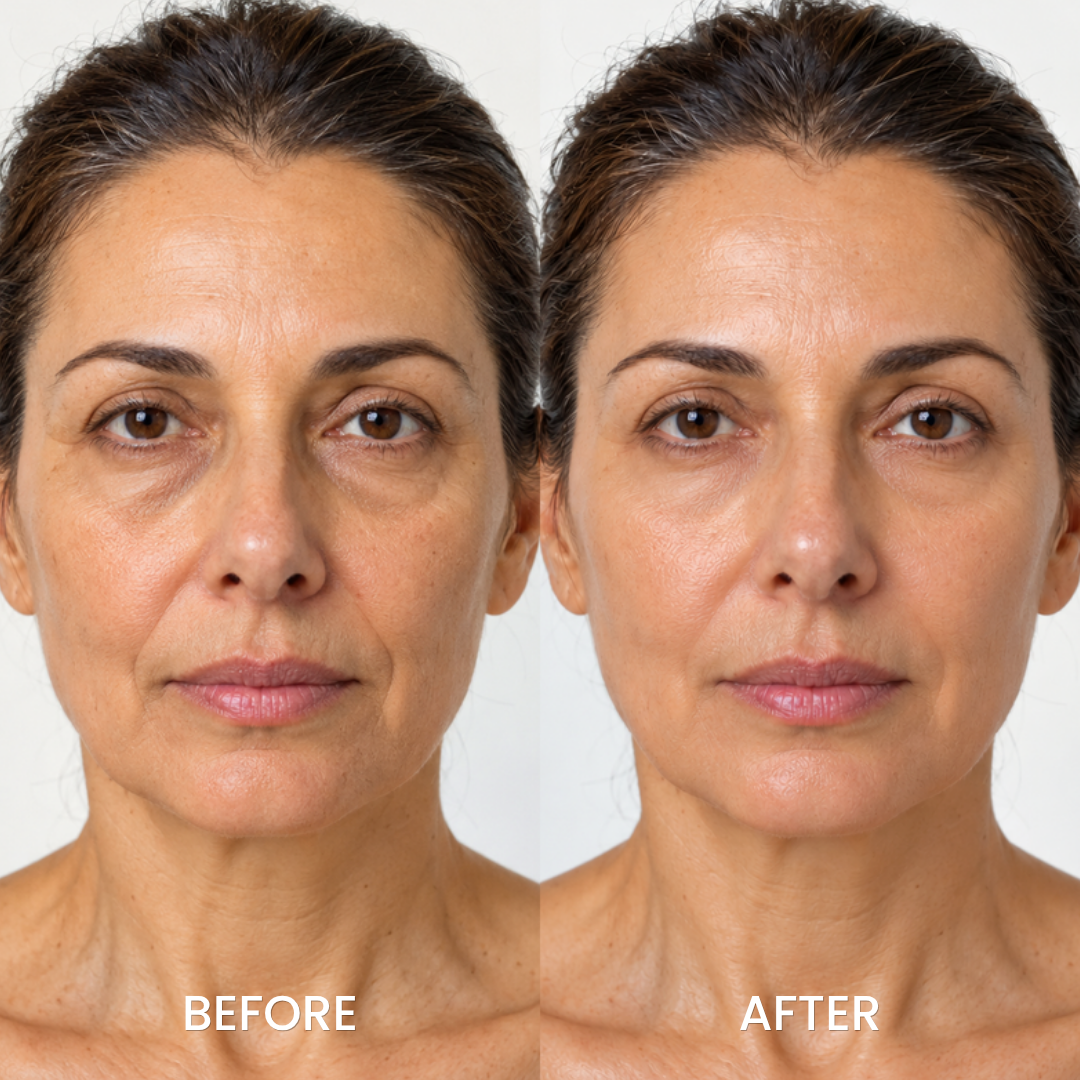 Under-eyes and smile lines before and after using the Medicube PDRN balm stick