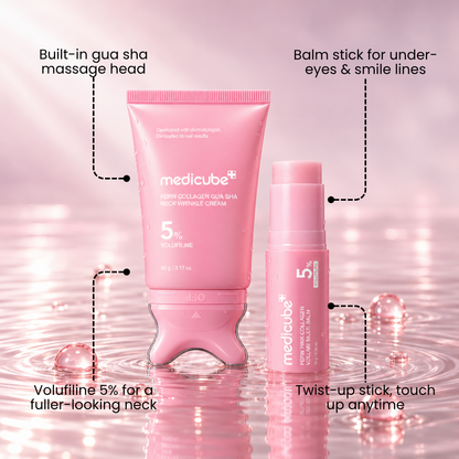 Medicube PDRN Collagen Gua Sha Neck Cream and Volume Multi Balm standing in pink water