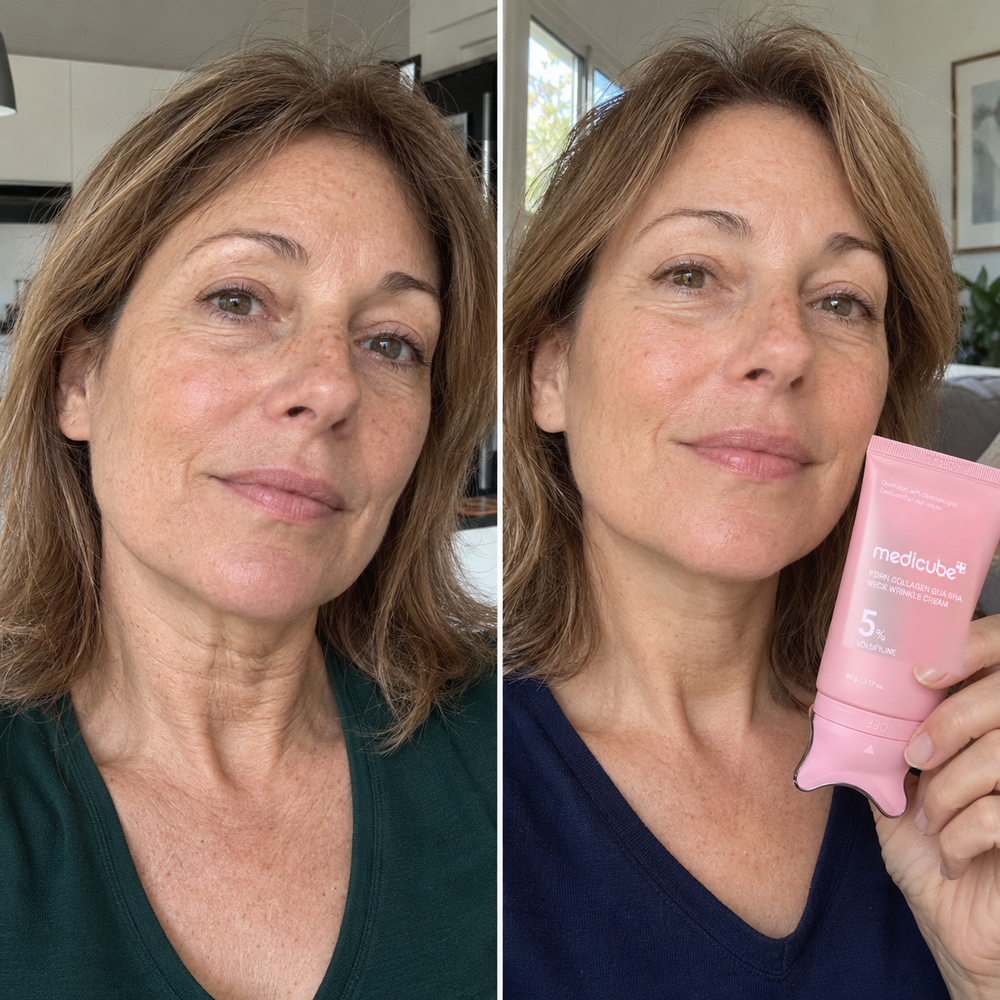 Medicube gua sha neck cream, look of the neck and jawline before and after one use