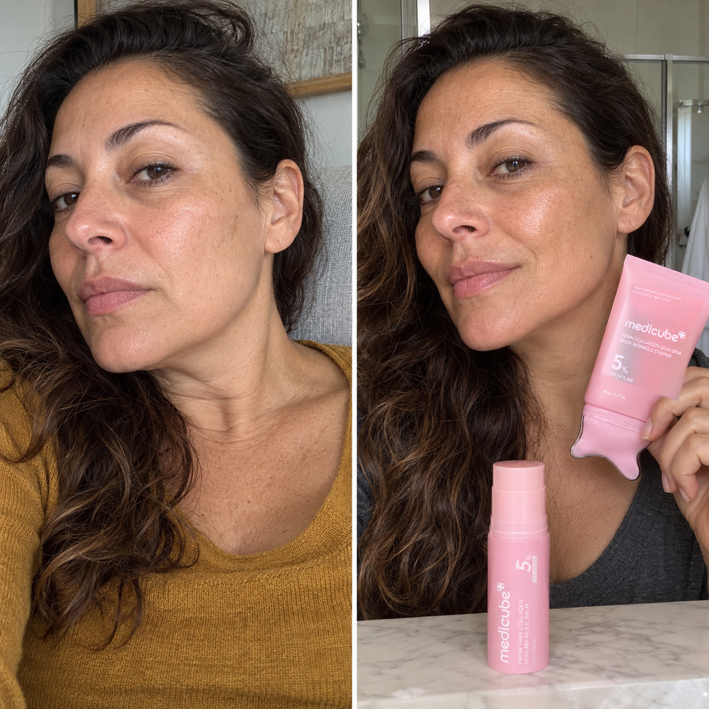Medicube neck cream and balm set, look of the jawline before and after one use