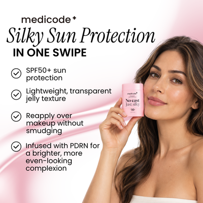 Woman holding Medicube PDRN Silky Sunscreen Stick next to her face