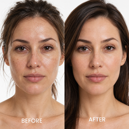 Before and after portraits of a woman using Medicube PDRN Silky Sunscreen Stick