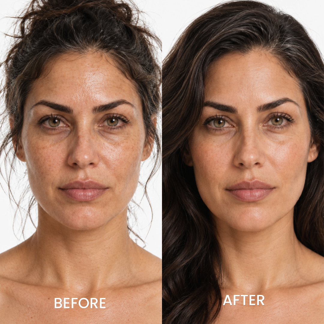 Before and after portraits of a woman with freckled skin, Medicube sunscreen stick