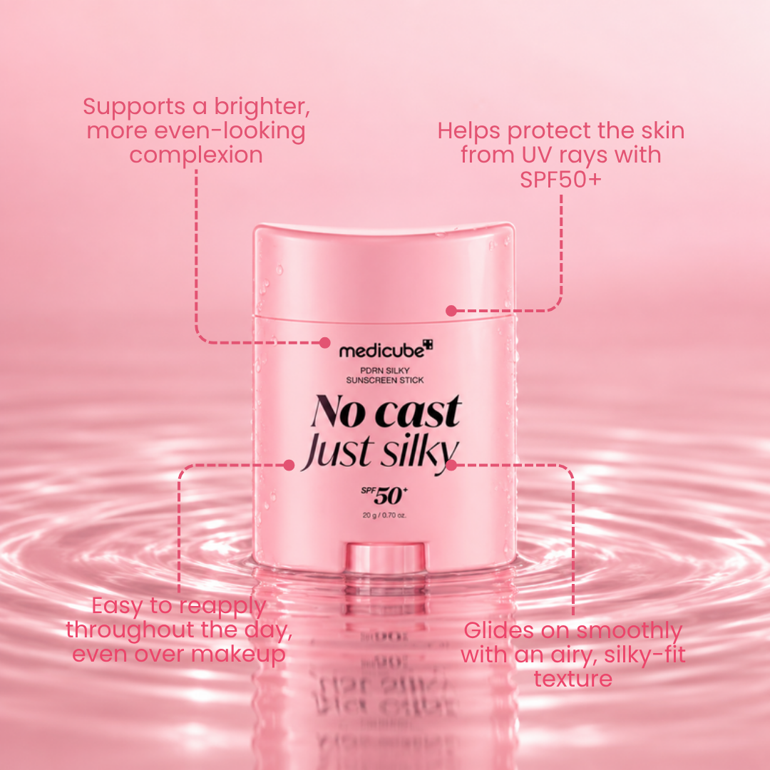 Medicube PDRN Silky Sunscreen Stick standing in pink water with feature callouts