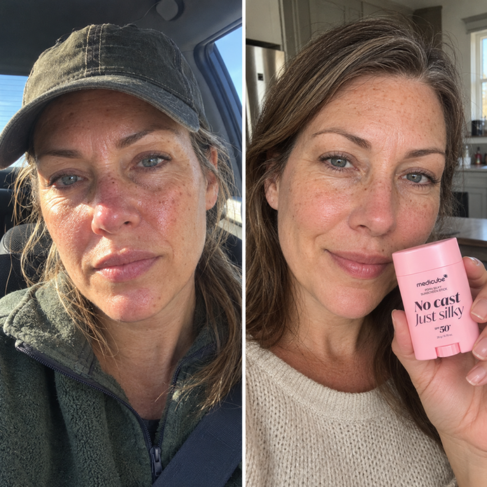 Medicube sunscreen stick, bare skin and after one swipe, matte finish