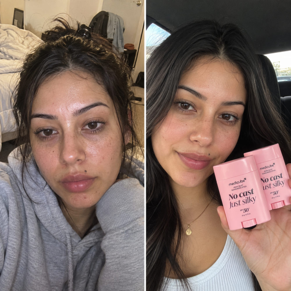 Medicube SPF 50 sunscreen stick applied over makeup, bare and one swipe