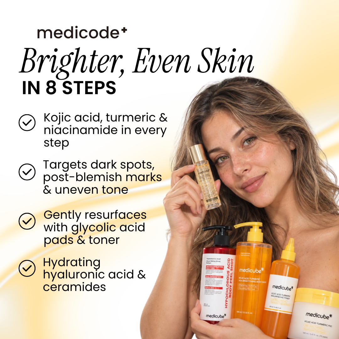 Woman with the medicube Smooth & Clear Body Care Set and its four-step benefits