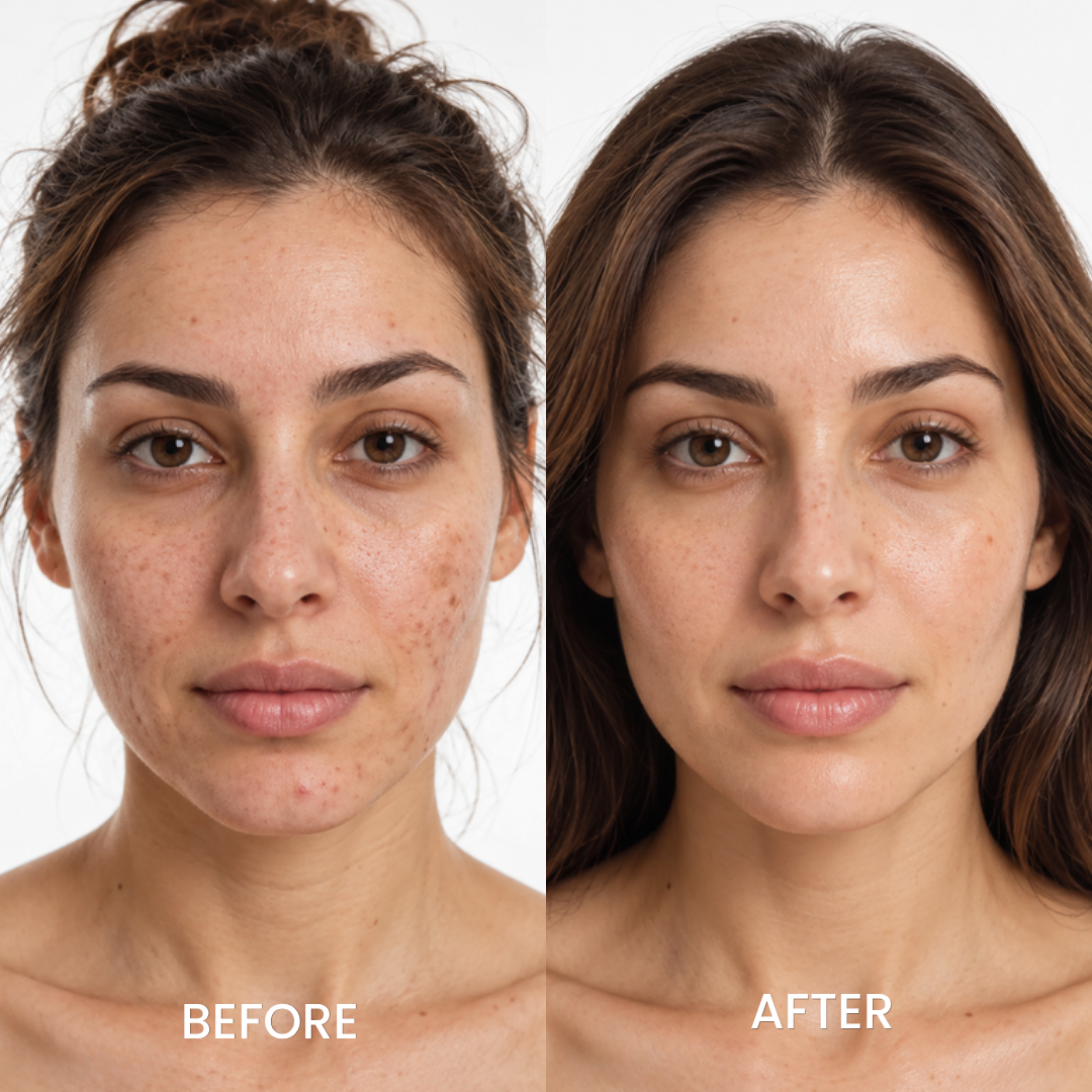 Before and after portraits of a woman with brown hair