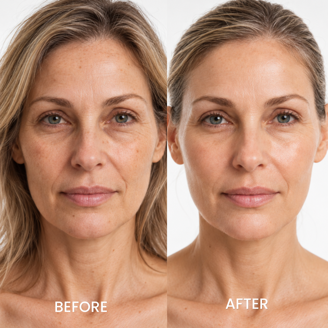 Before and after portraits of a woman with blonde hair