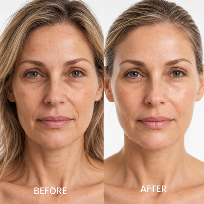 Before and after portraits of a woman with blonde hair