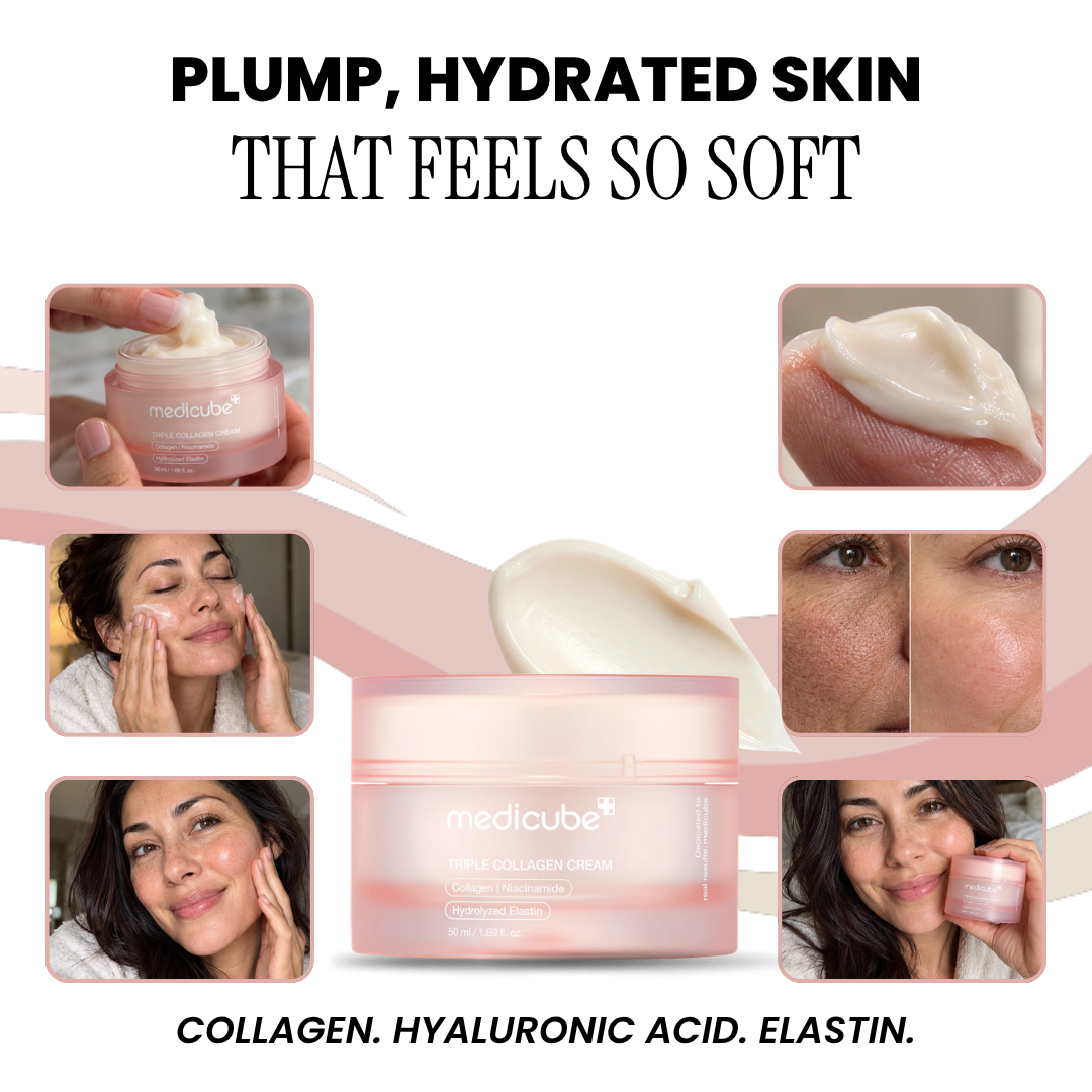 Medicube Triple Collagen Cream jar with usage photos and ingredient highlights