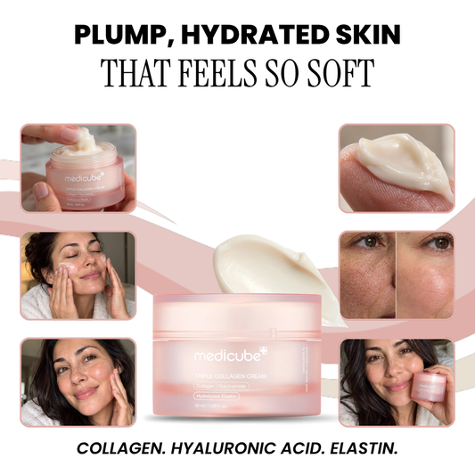 Medicube Triple Collagen Cream jar with usage photos and ingredient highlights