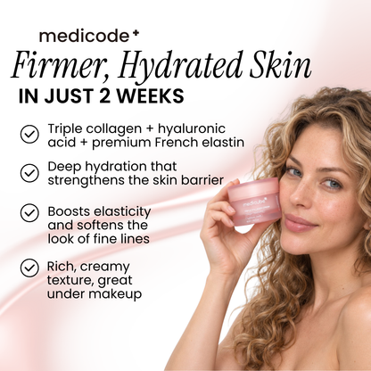 Woman with curly hair holding Medicube Triple Collagen Cream next to her face