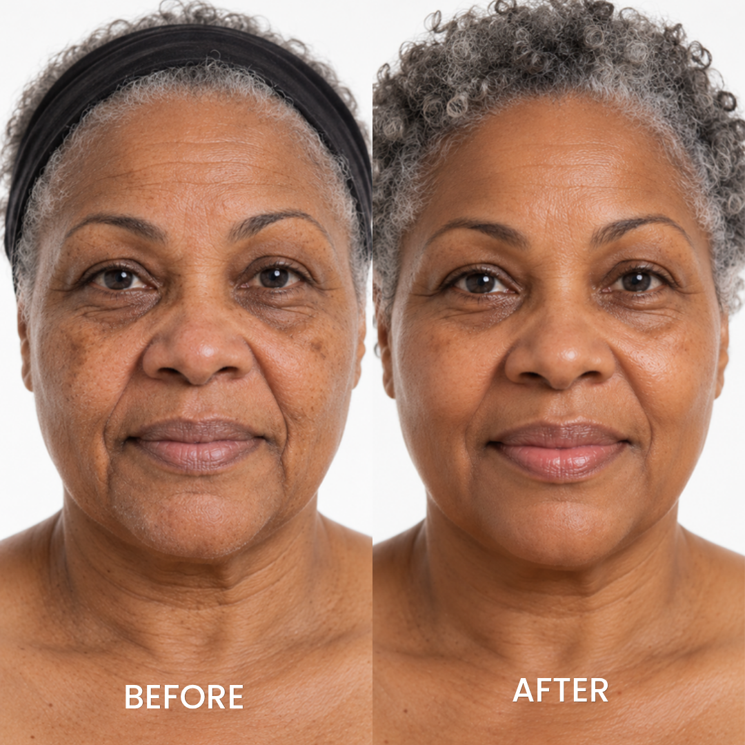 Mature woman's face before and after using Medicube Triple Collagen Cream