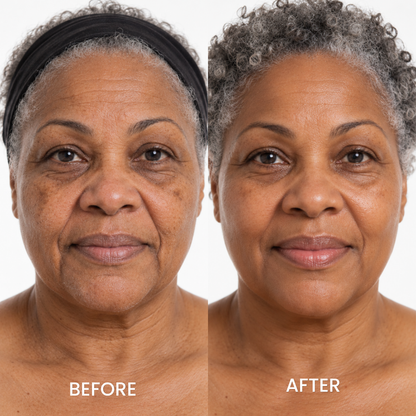 Mature woman's face before and after using Medicube Triple Collagen Cream