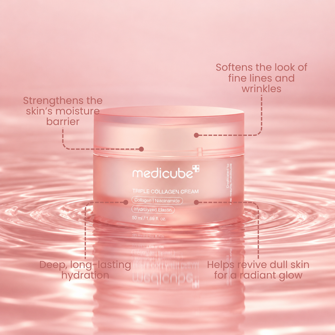 Medicube Triple Collagen Cream jar on pink water with feature callouts