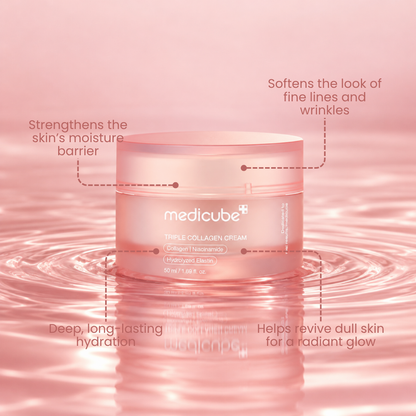 Medicube Triple Collagen Cream jar on pink water with feature callouts