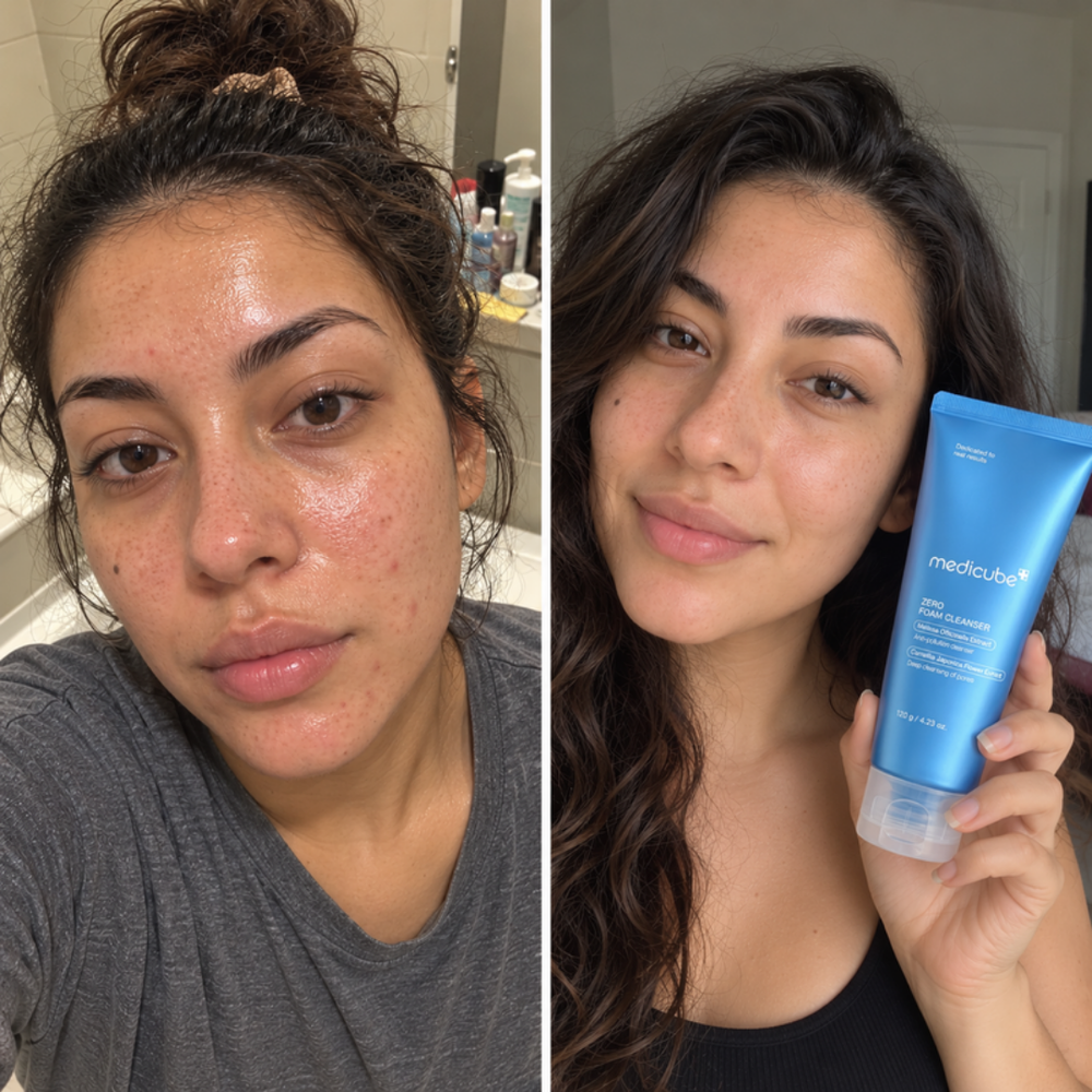 Medicube Zero Foam Cleanser, look of oily skin before and after one wash