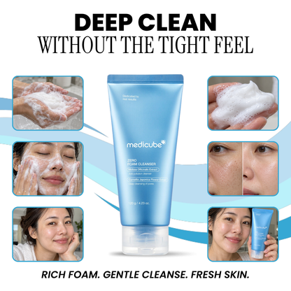 Medicube Zero Foam Cleanser tube with photos of rich foam, gentle cleansing and fresh skin