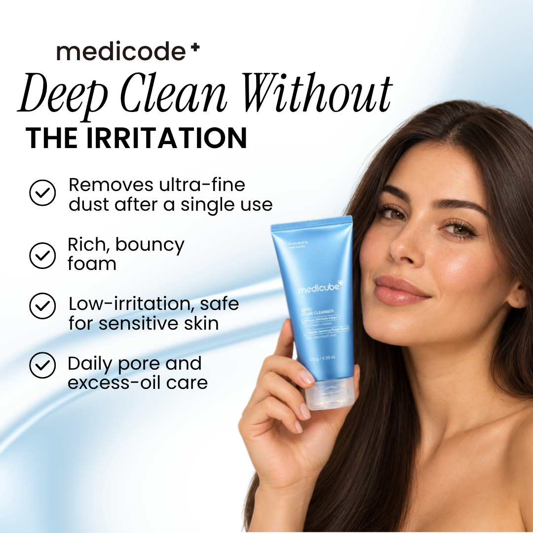 Woman holding Medicube Zero Foam Cleanser next to her face with benefit list