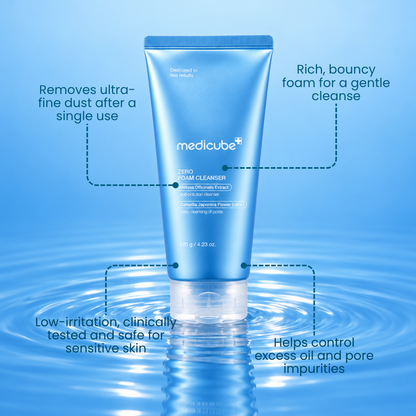 Medicube Zero Foam Cleanser tube on water with feature callouts