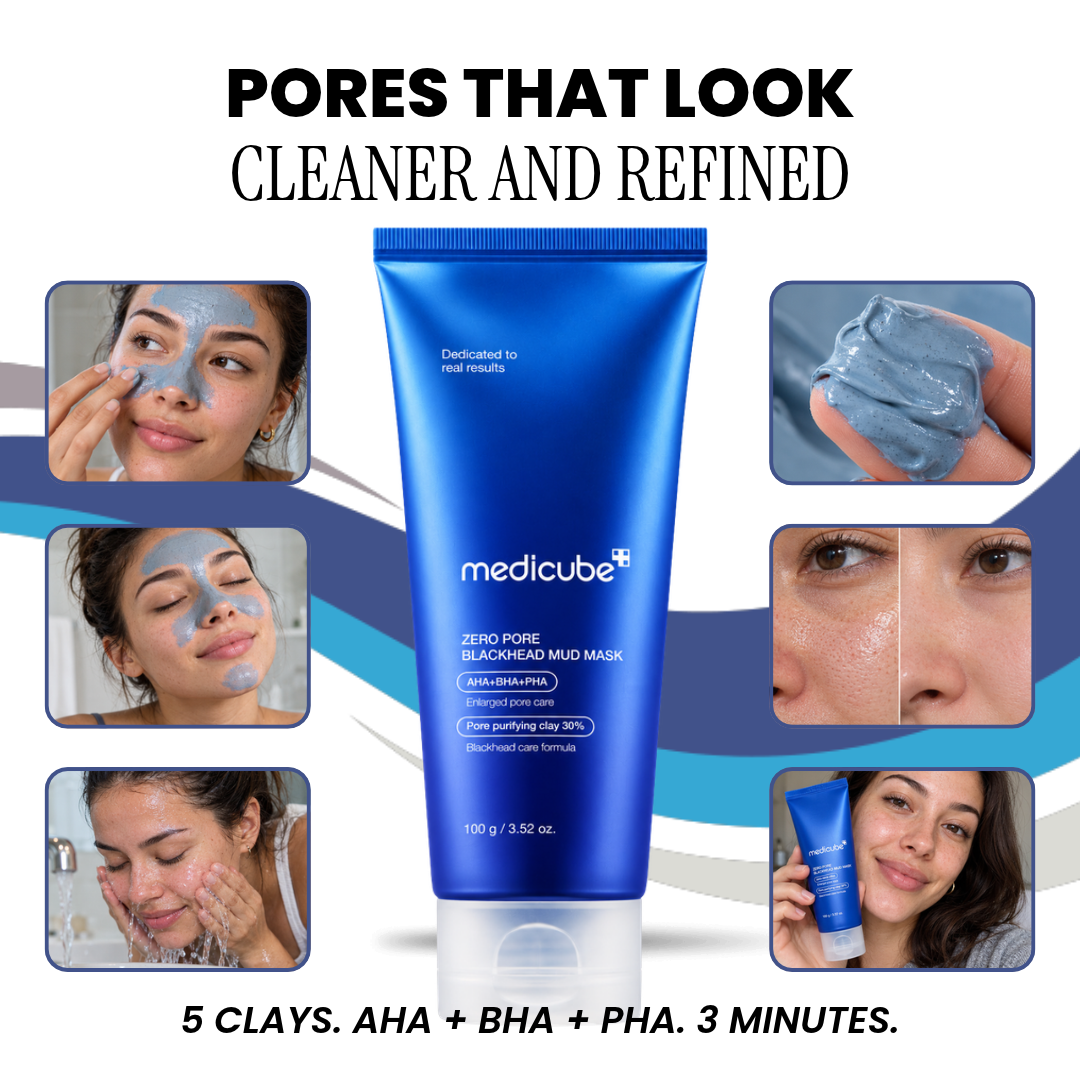 Medicube Zero Pore Blackhead Mud Mask tube with mask application photos