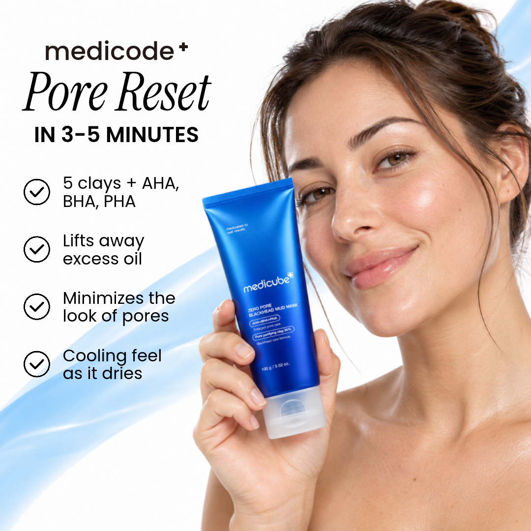 Woman holding Medicube Zero Pore Blackhead Mud Mask with a list of features