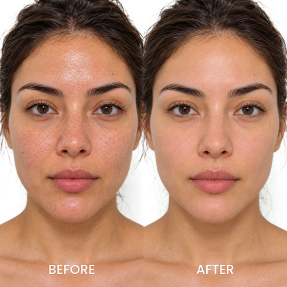 Before and after studio portraits of a woman using Medicube Zero Pore Mud Mask