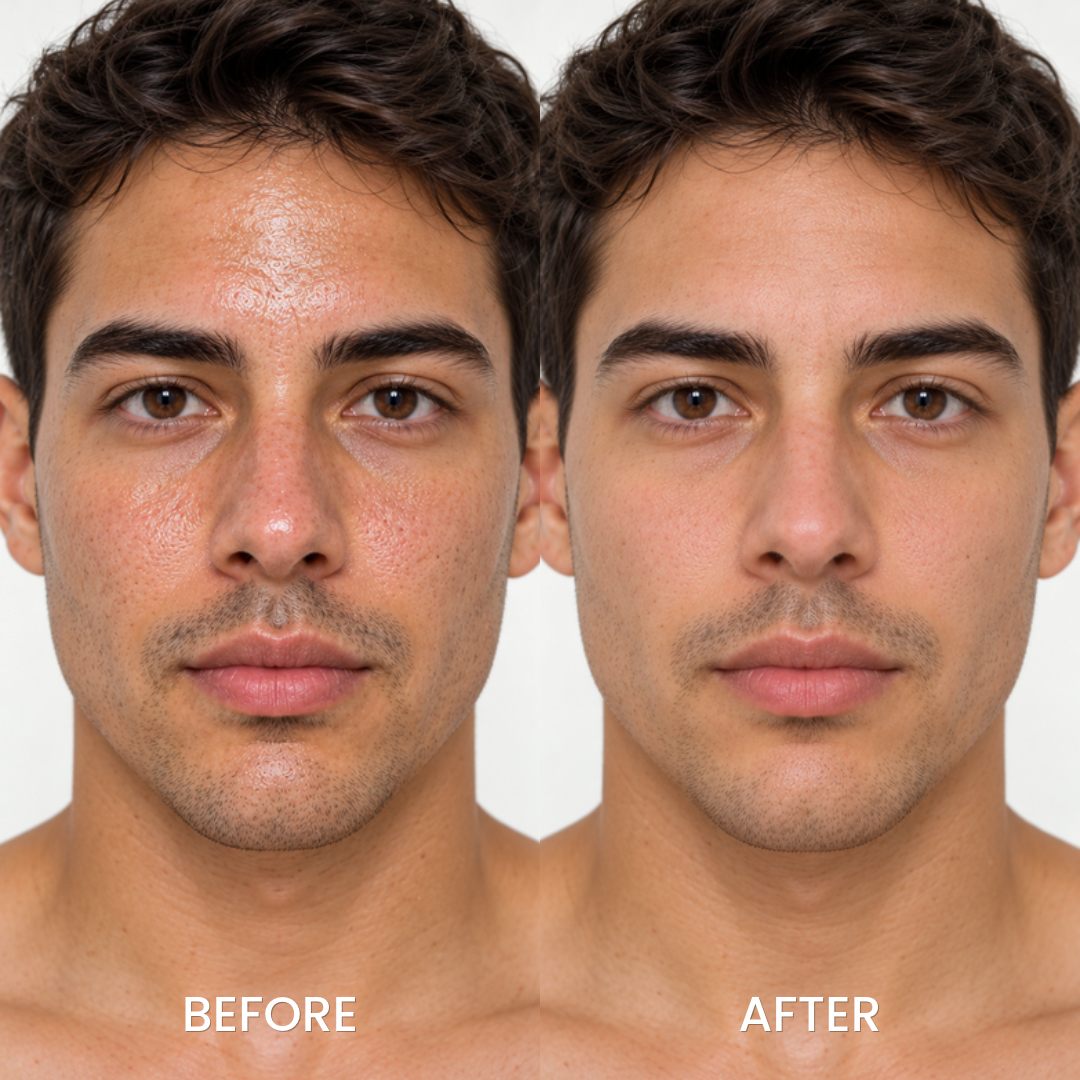 Before and after studio portraits of a man using Medicube Zero Pore Mud Mask