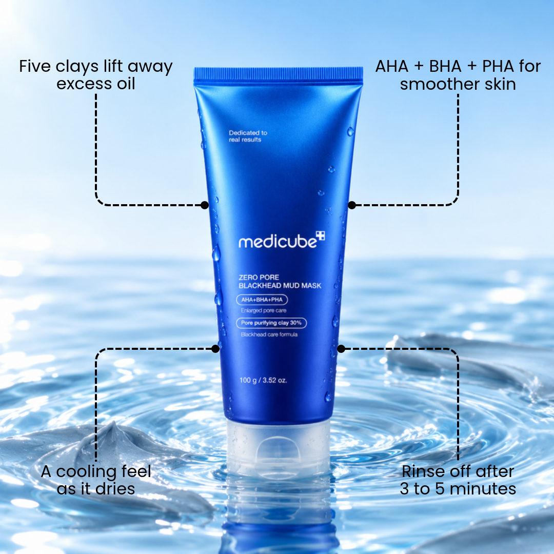 Medicube Zero Pore Blackhead Mud Mask tube standing in water with feature callouts